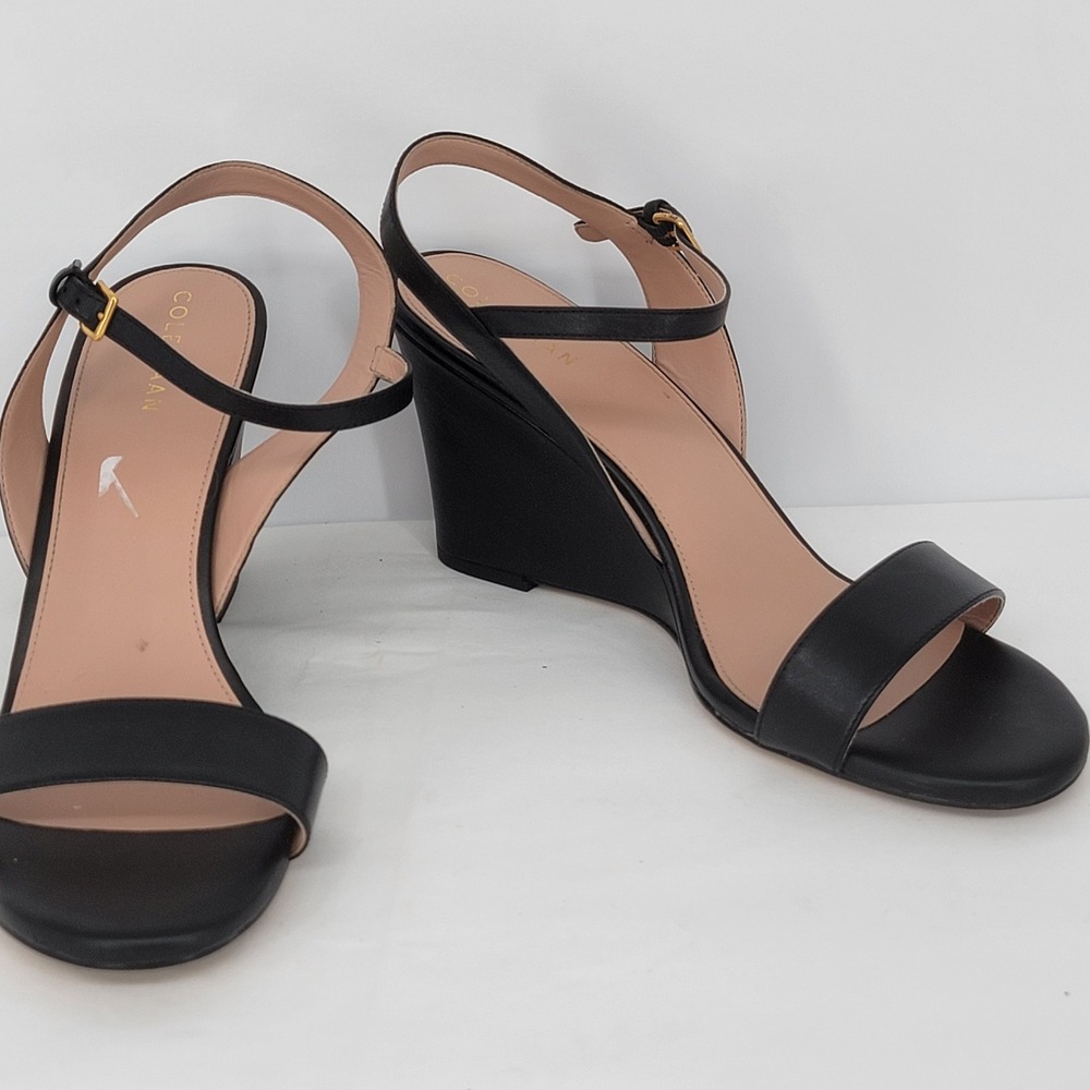 Cole Haan Grand 360 Black Leather Wedge Sandals Womens 10.5 B Ankle Strap Gold